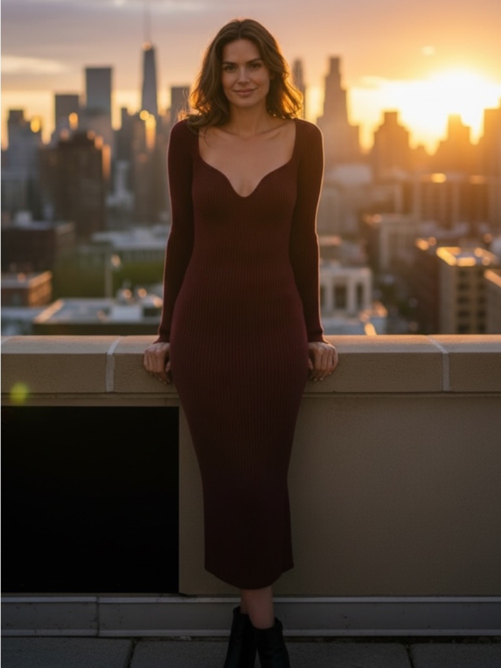H&M Viral Burgundy Sweetheart neck Ribbed Long Sleeve sweater Bodycon midi Dress